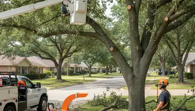 Atlanta, GA tree pruning crew trimming branches for safer, healthier trees on a residential property