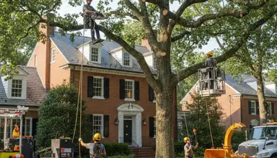Tree service crew in Atlanta, GA performing professional tree removal with arborist equipment