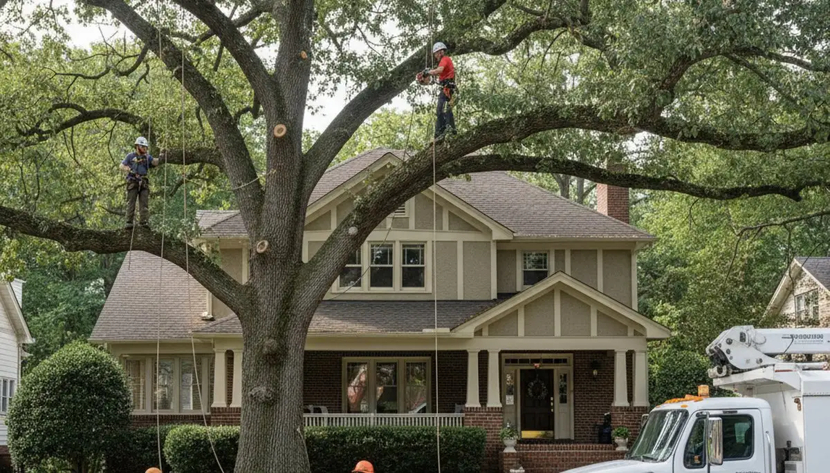 Tree service crew in Atlanta, GA removing a tree for safe residential property maintenance