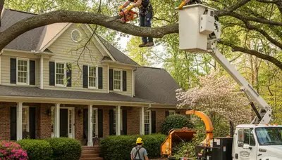 Tree service crew in Atlanta, GA performing safe tree removal for a residential property