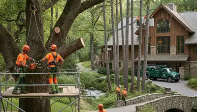Atlanta tree service crew removing a tree safely in a residential yard, Georgia tree removal professionals
