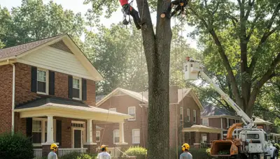 Tree service crew trimming tree in Atlanta, GA for safe, professional removal