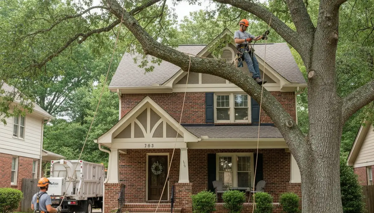 Atlanta tree service crew performing safe tree removal for residential property