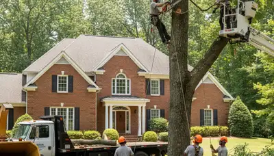 Tree service crew removing a tree in Atlanta, GA for safe residential property cleanup