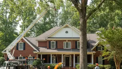 Atlanta, GA tree service crew removing a tree with professional equipment on a residential property