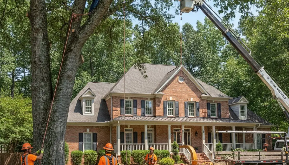 Tree service crew removing a tree in Atlanta, GA with professional equipment
